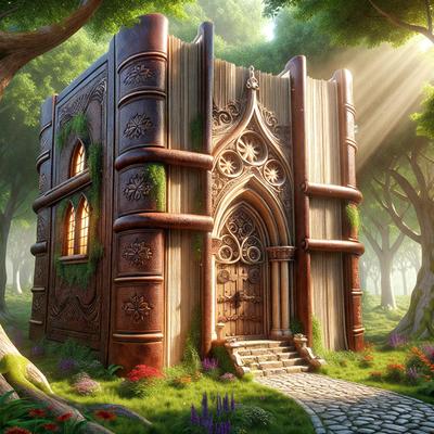 The primary subject of the image is a large, intricately designed wooden book house. The setting is a lush, green forest with trees surrounding the book house. The visual style is a digital art or illustration, creating a unique and imaginative scene. The colors and mood are vibrant and serene, with the book house standing out as the focal point of the image.